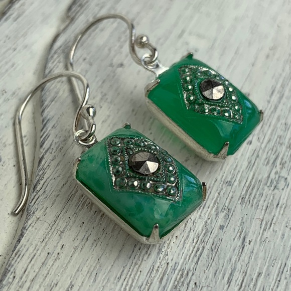 Vintage Antique 1920s Art Deco Green Glass Marcasite Stones Dangle Drop Earrings - Picture 4 of 6